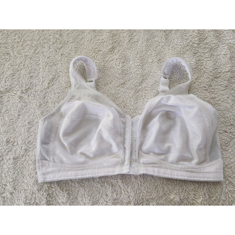 Playtex 18 Hour Front Close Bra 40D White Wireless Flex Back Support Lace Trim